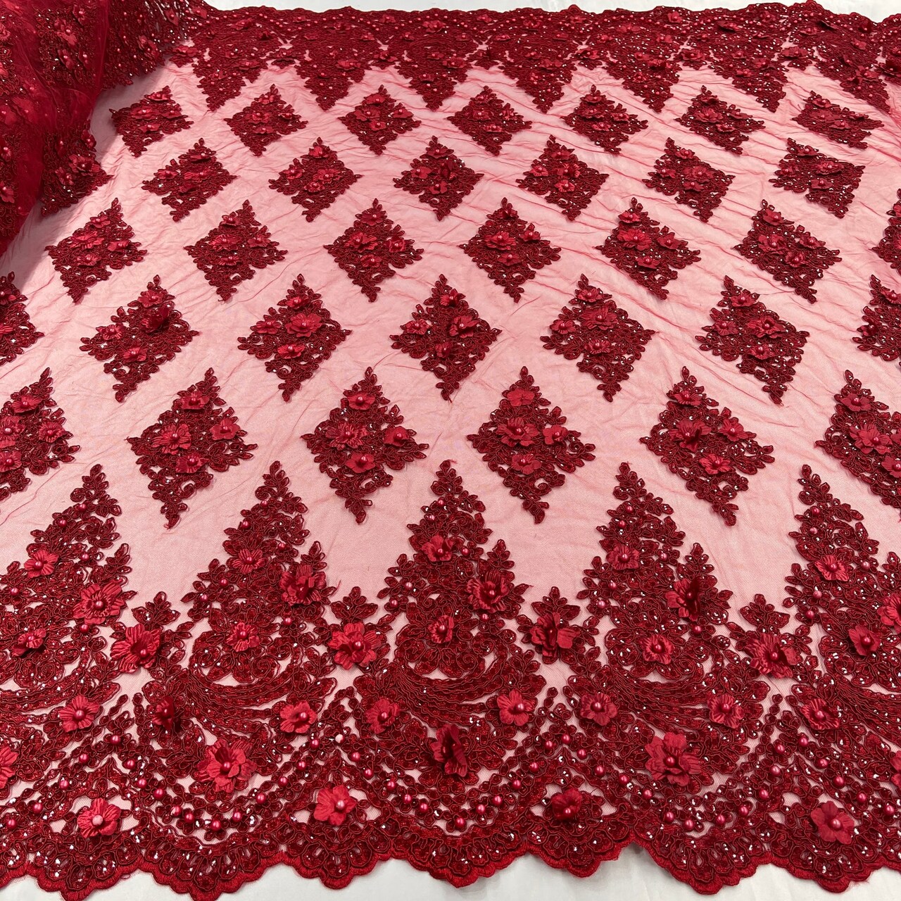 1 Yard Wine Beaded 3D Floral Lace Fabric Embroidered Polyester Net Mesh 51 Inch Width